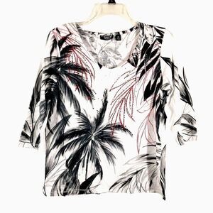 Onque Casual Womens Top 3/4 Sleeve Pullover Black Red Palm Trees V Neck